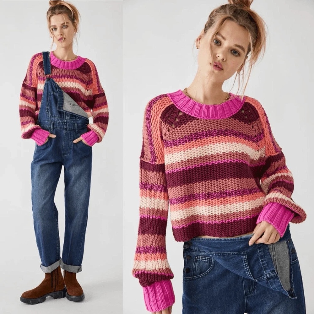 Free People Devon Sweater Fuschia Rose Combo Size S NWOT